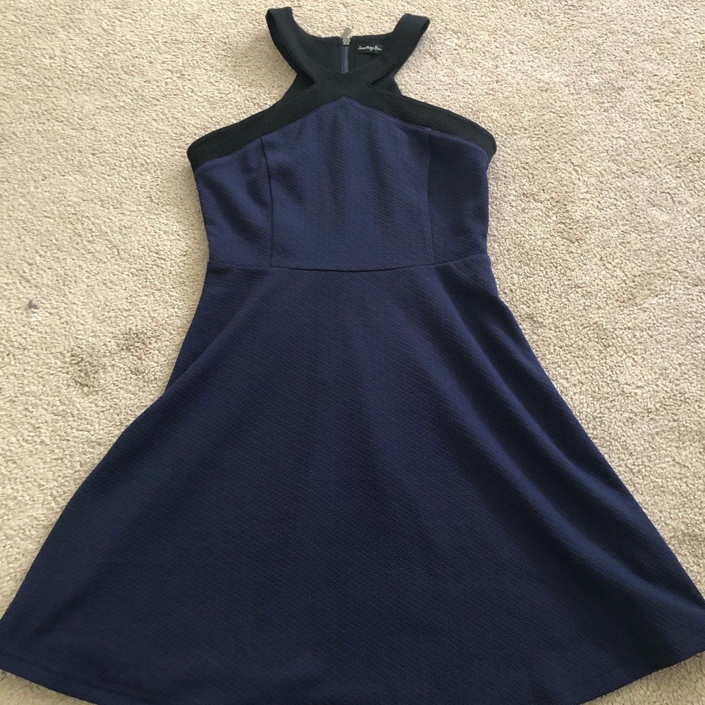 Navy cross front color block textured skater dress